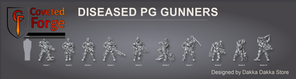 Render of Diseased PG Gunners | 32mm Sci-Fi Plague Renegade Guard Proxy: Mutated renegade-guard infantry bloated with plague. 3D printed resin miniatures, used as a proxy for diseased traitor guard in grimdark sci-fi.