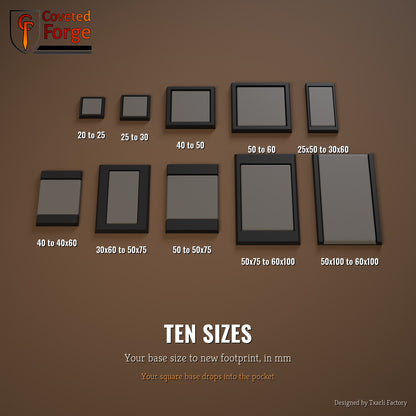 Ten square base adapter sizes, 20mm to 60x100mm