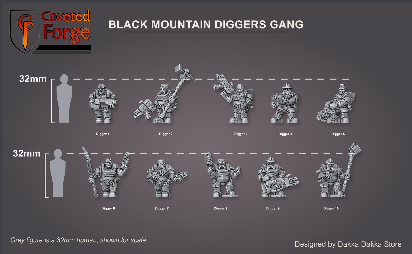 Render of Black Mountain Diggers Gang | 32mm Squat Miner Sci-Fi Proxy: A gang of 10 sci-fi dwarf miners with autoguns, heavy weapons, and mining tools. 3D printed resin, used as a Leagues of Votann or squat gang proxy.