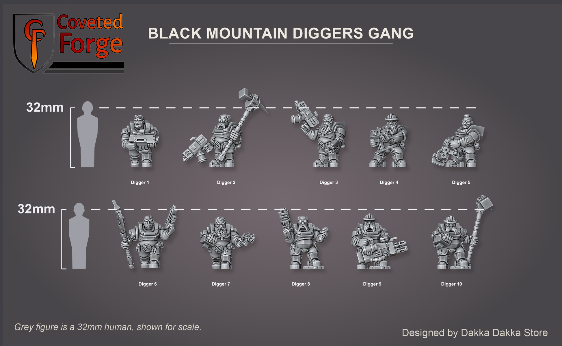 Render of Black Mountain Diggers Gang | 32mm Squat Miner Sci-Fi Proxy: A gang of 10 sci-fi dwarf miners with autoguns, heavy weapons, and mining tools. 3D printed resin, used as a Leagues of Votann or squat gang proxy.