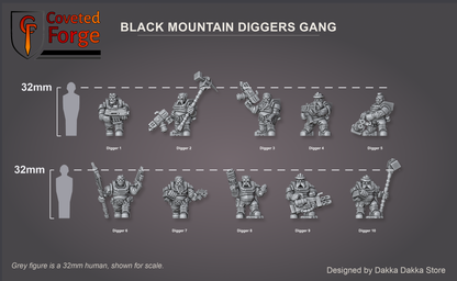 Render of Black Mountain Diggers Gang | 32mm Squat Miner Sci-Fi Proxy: A gang of 10 sci-fi dwarf miners with autoguns, heavy weapons, and mining tools. 3D printed resin, used as a Leagues of Votann or squat gang proxy.