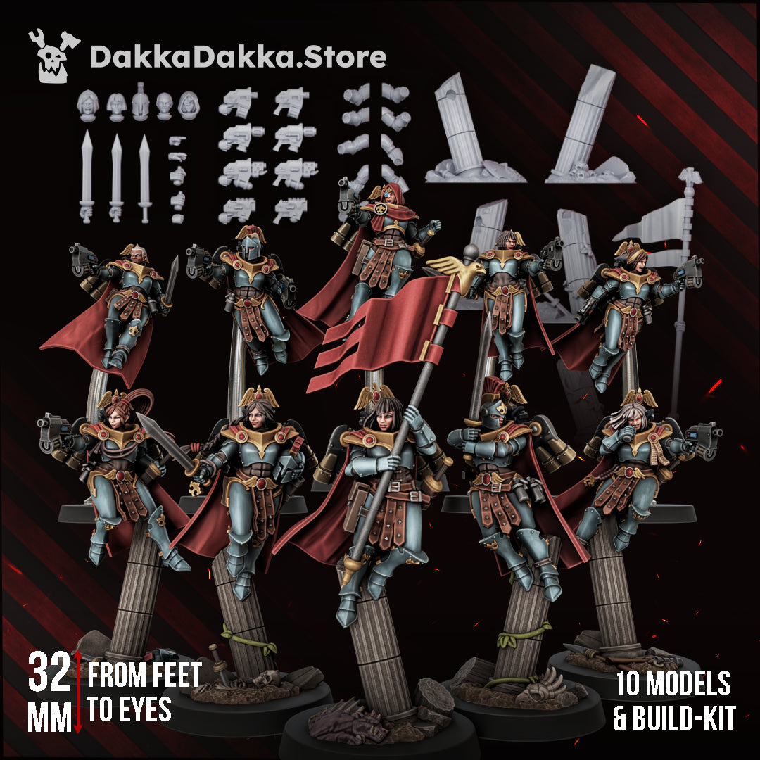Legio Artemis Harpies/Sirens Squad, ten female jump-pack battle sisters on broken columns, sci-fi resin miniatures, Dakka Dakka Store render