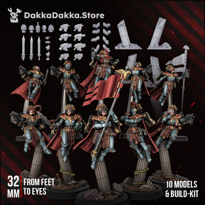 Legio Artemis Harpies/Sirens Squad, ten female jump-pack battle sisters on broken columns, sci-fi resin miniatures, Dakka Dakka Store render