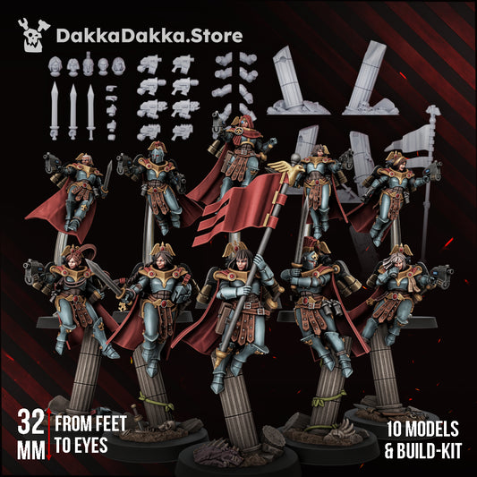 Legio Artemis Harpies/Sirens Squad, ten female jump-pack battle sisters on broken columns, sci-fi resin miniatures, Dakka Dakka Store render