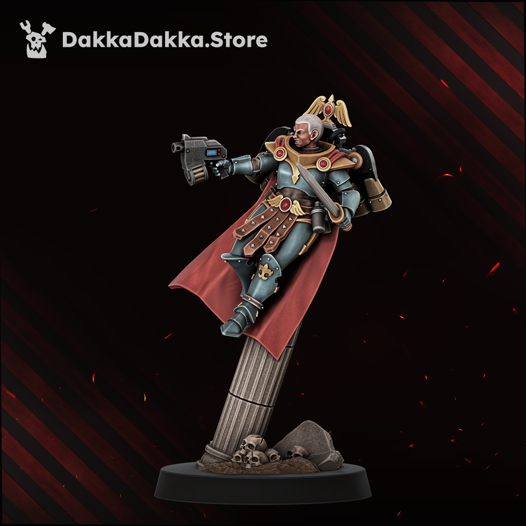Legio Artemis Harpies/Sirens Model 9, shaven-headed sister with a bolt pistol and a sword, Dakka Dakka Store render