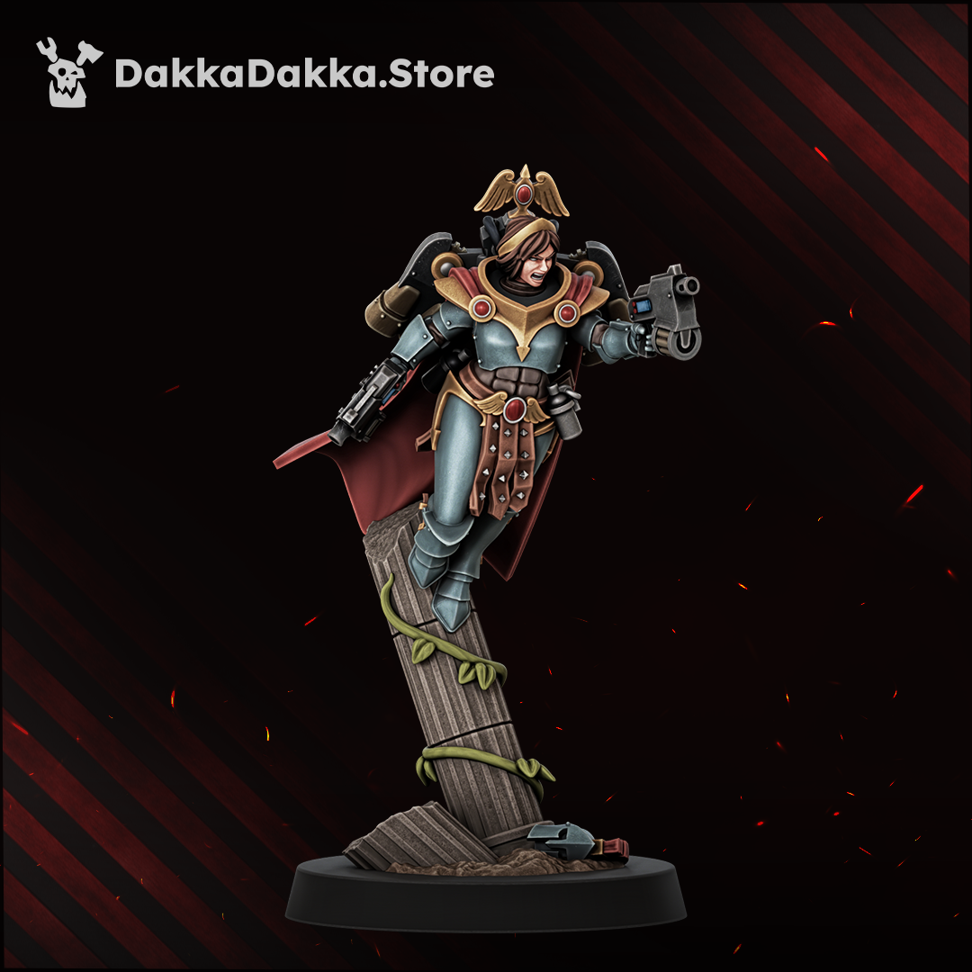 Legio Artemis Harpies/Sirens Model 10, sister with a bolt pistol and a wrist-mounted hand flamer, Dakka Dakka Store render