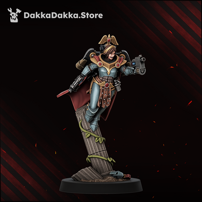 Legio Artemis Harpies/Sirens Model 10, sister with a bolt pistol and a wrist-mounted hand flamer, Dakka Dakka Store render