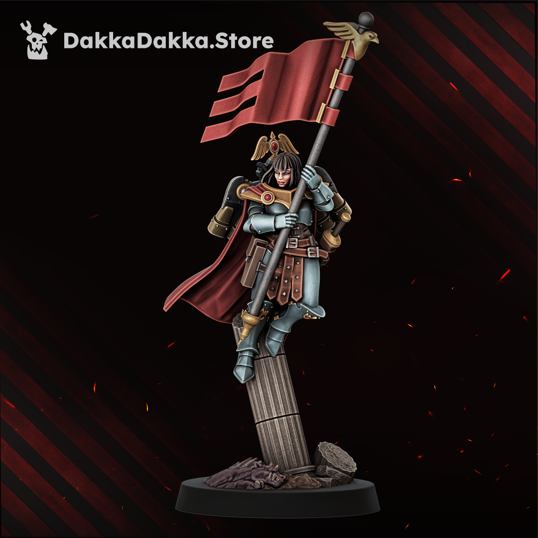 Legio Artemis Harpies/Sirens Model 1, the Banner Bearer with the Legio banner and a bolt pistol, Dakka Dakka Store render