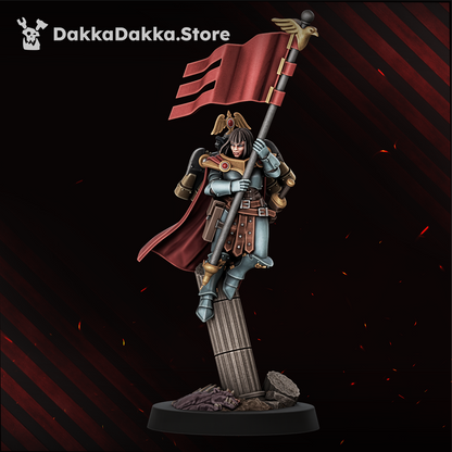 Legio Artemis Harpies/Sirens Model 1, the Banner Bearer with the Legio banner and a bolt pistol, Dakka Dakka Store render