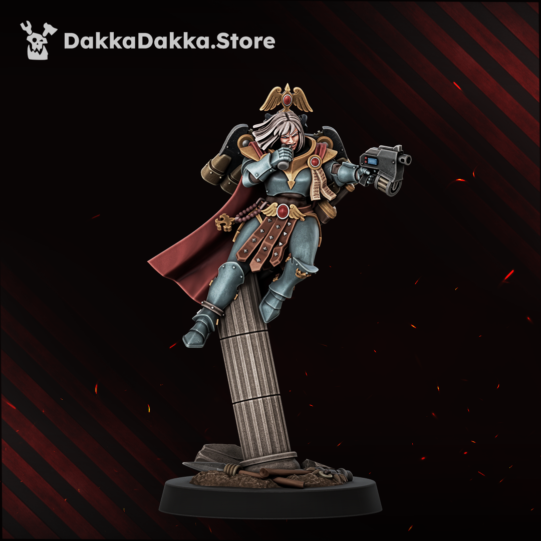 Legio Artemis Harpies/Sirens Model 2, white-haired sister with a bolt pistol, hand at her vox, Dakka Dakka Store render