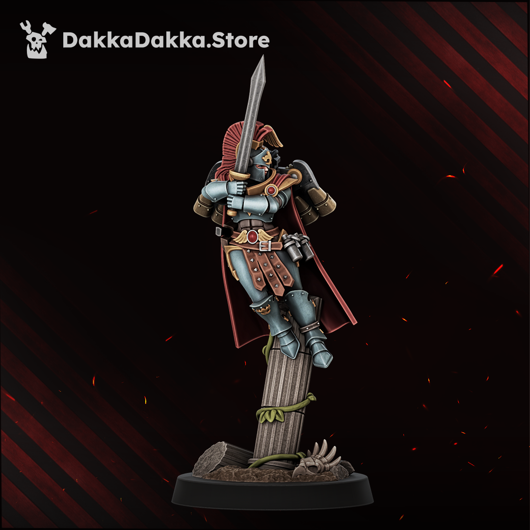 Legio Artemis Harpies/Sirens Model 3, crested-helm sister with a power sword raised in both hands, Dakka Dakka Store render
