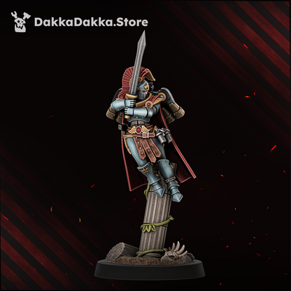 Legio Artemis Harpies/Sirens Model 3, crested-helm sister with a power sword raised in both hands, Dakka Dakka Store render