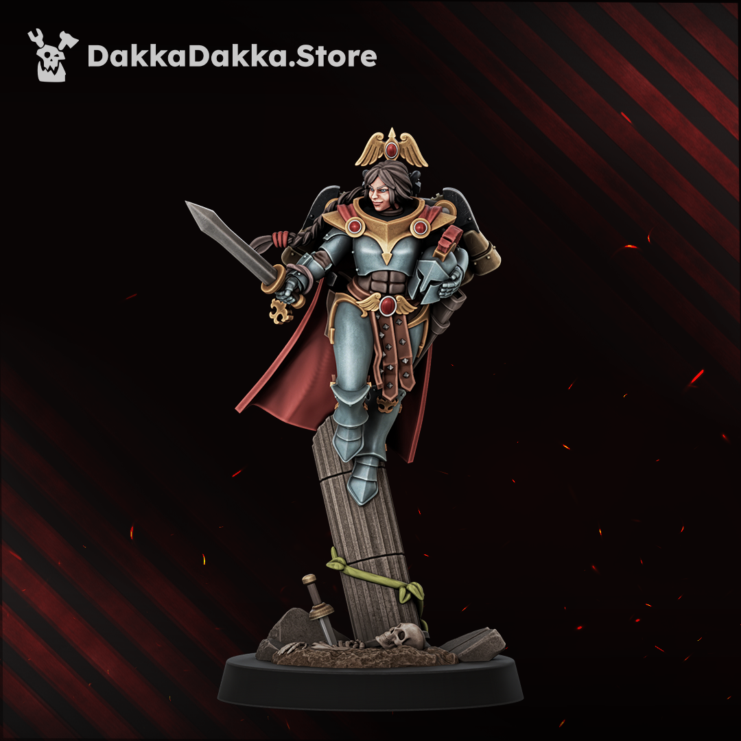 Legio Artemis Harpies/Sirens Model 5, braided sister with a power sword and her helmet under one arm, Dakka Dakka Store render