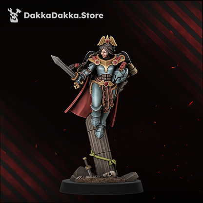 Legio Artemis Harpies/Sirens Model 5, braided sister with a power sword and her helmet under one arm, Dakka Dakka Store render