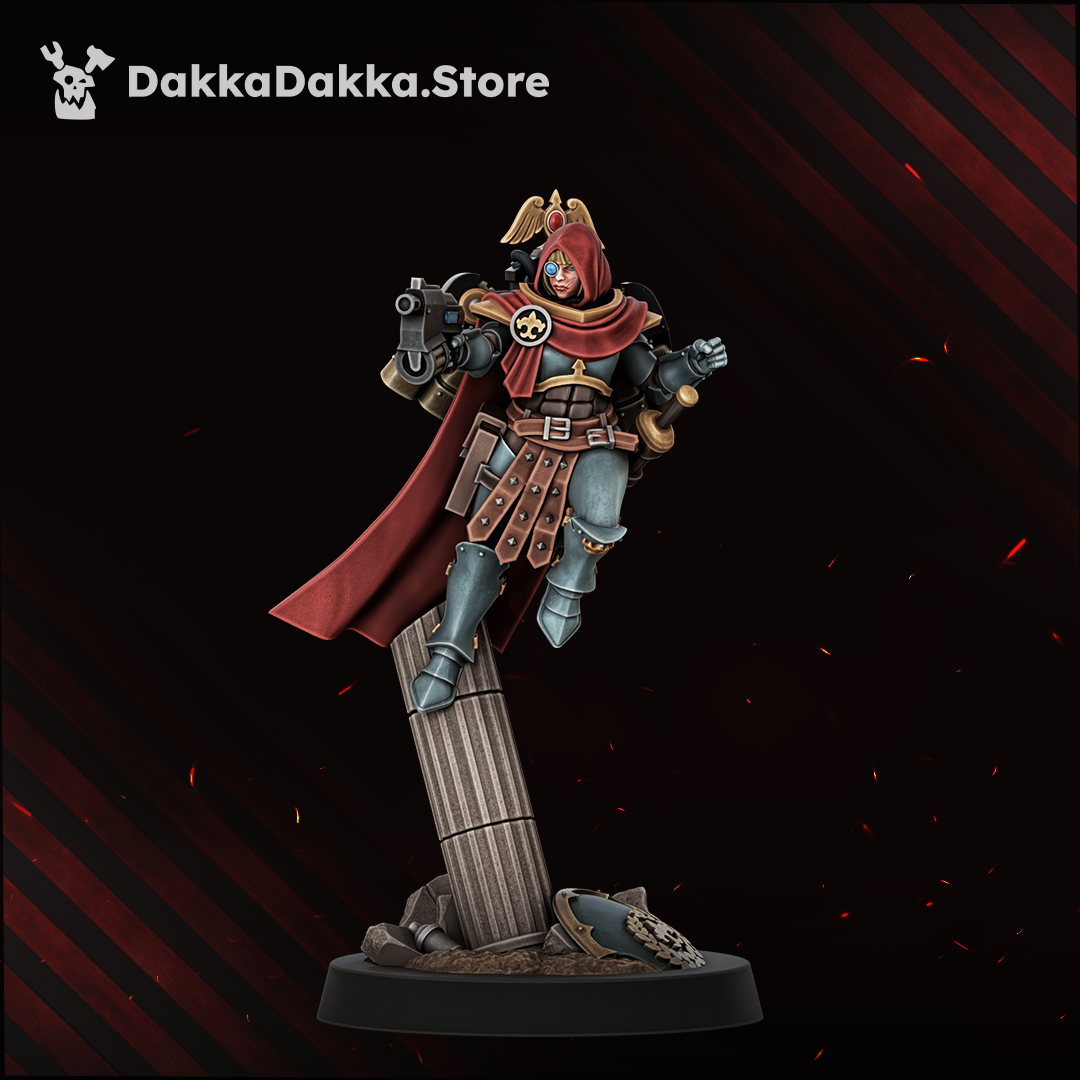 Legio Artemis Harpies/Sirens Model 7, hooded sister with a hand flamer, Dakka Dakka Store render