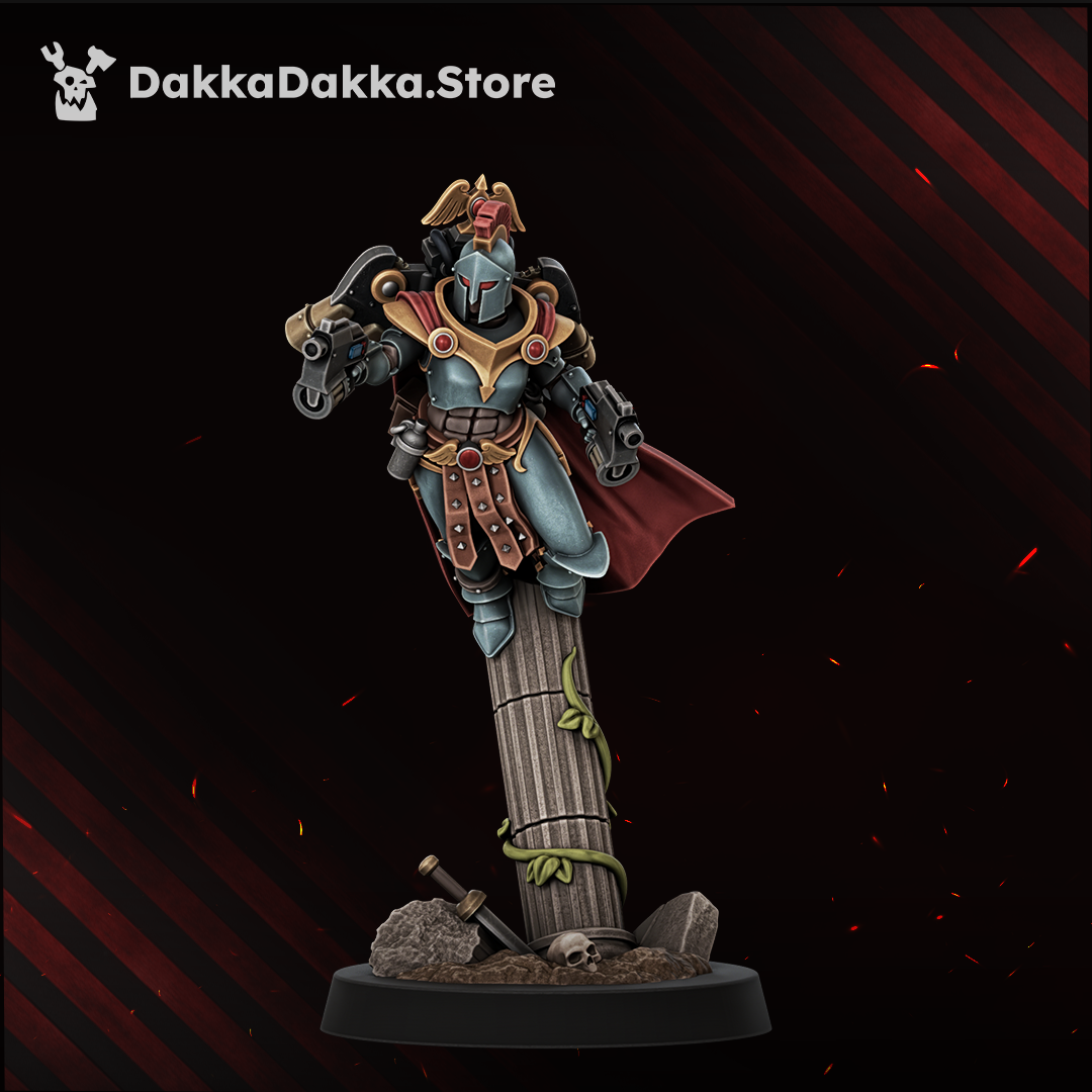 Legio Artemis Harpies/Sirens Model 8, helmeted sister with paired bolt pistols, Dakka Dakka Store render