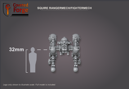 Squire Rangermech/Fightermech legs shown at 32mm scale beside a human silhouette; full model included