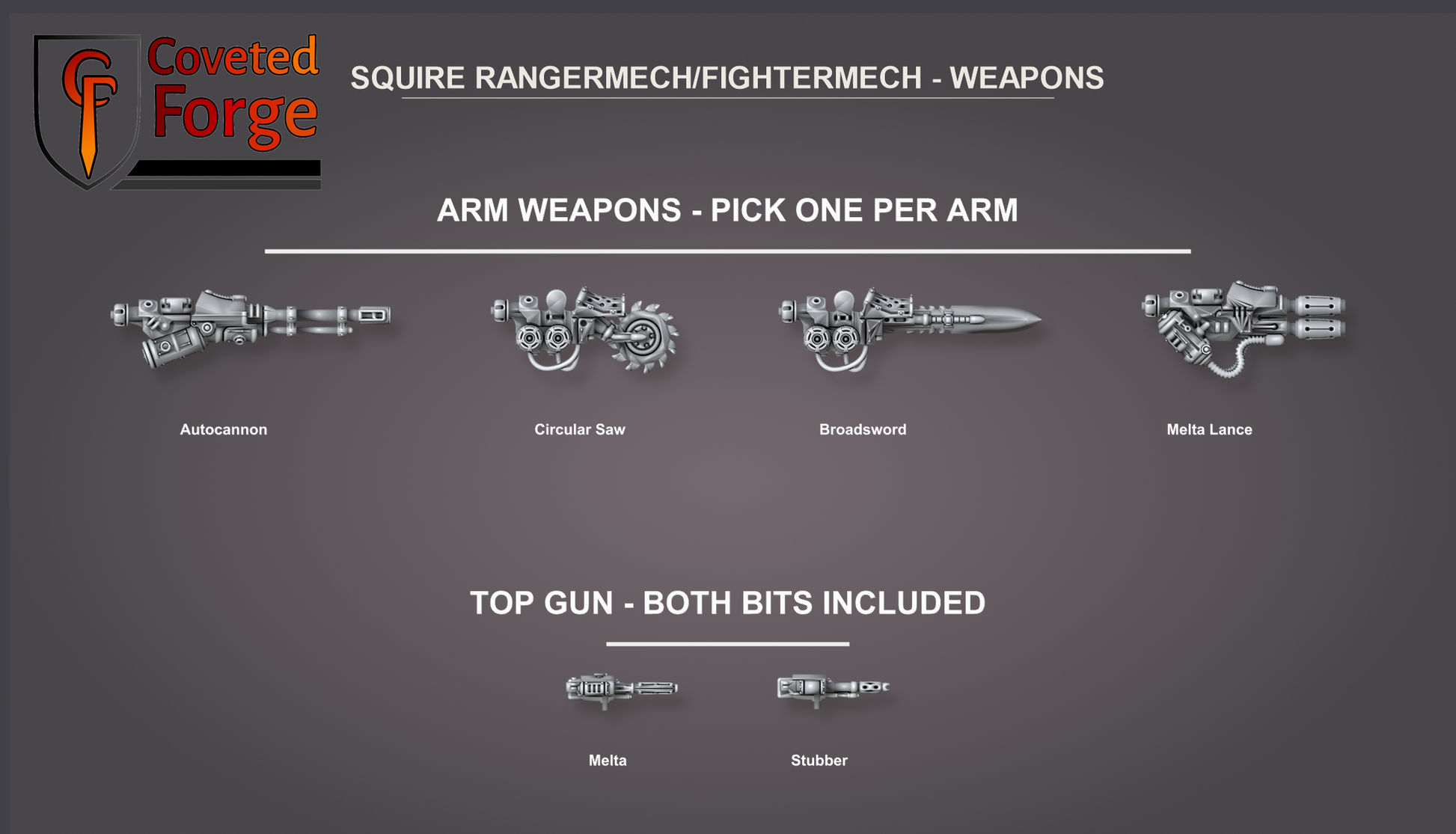 Squire mech weapon options: four arm weapons (Autocannon, Circular Saw, Broadsword, Melta Lance) plus both top-gun bits (Melta and Stubber) included