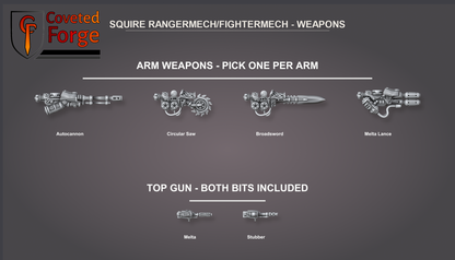 Squire mech weapon options: four arm weapons (Autocannon, Circular Saw, Broadsword, Melta Lance) plus both top-gun bits (Melta and Stubber) included