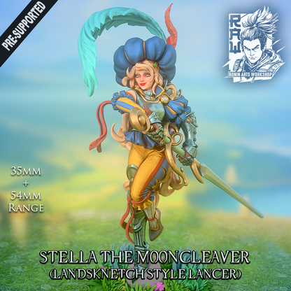 Stella the Mooncleaver, female Landsknecht swordswoman miniature in colour with plumed turban and greatsword, designer render by Ronin Arts Workshop.