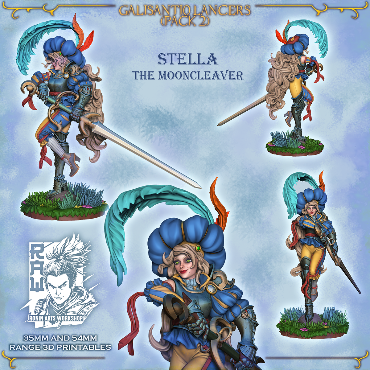 Stella the Mooncleaver, front, back and close-up views, Galisantio Lancers pack 2, designer render.