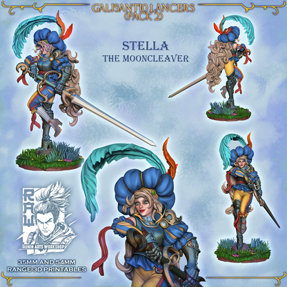 Stella the Mooncleaver, front, back and close-up views, Galisantio Lancers pack 2, designer render.