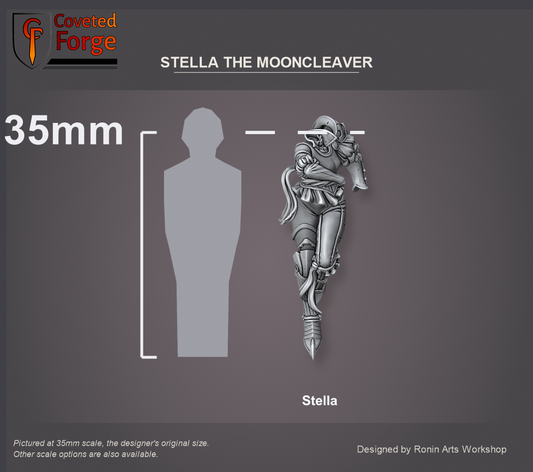 Coveted Forge scale reference: Stella the Mooncleaver's body at 35mm scale, native pose stood upright, beside a 35mm human silhouette; also offered at 54mm