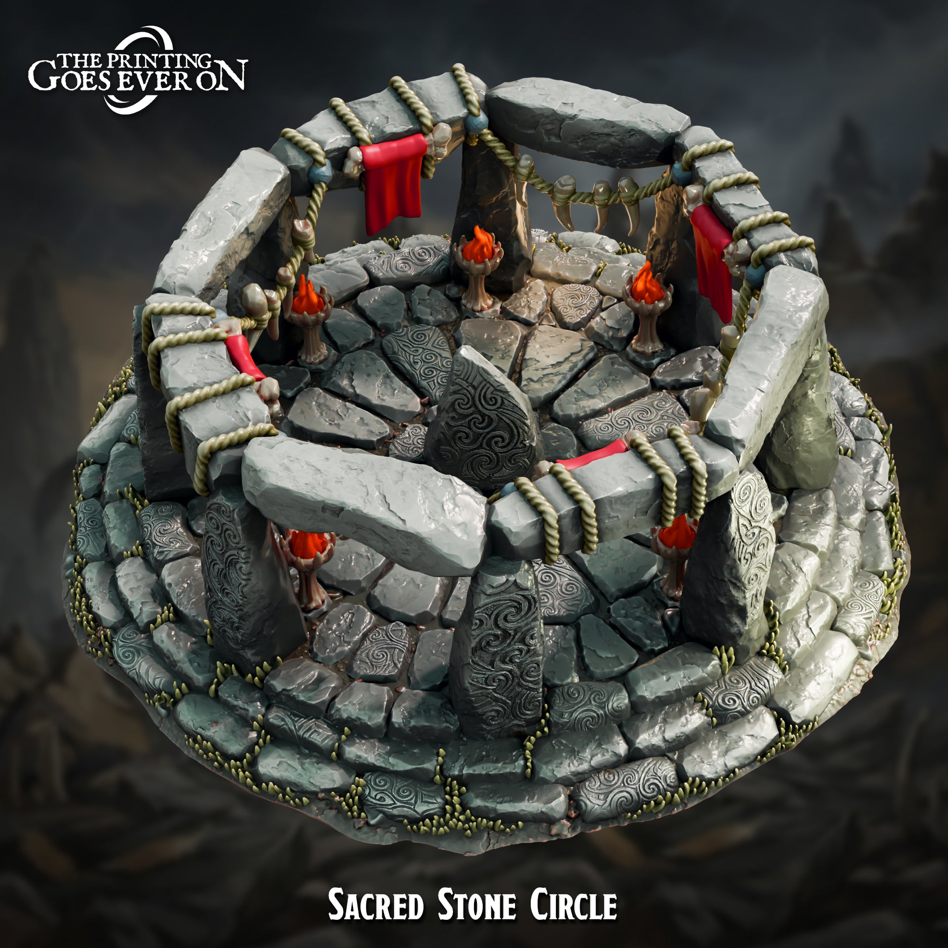 Sacred Stone Circle, tribal standing-stone ritual site terrain with braziers and runes, 28-32mm 3D printed scenery