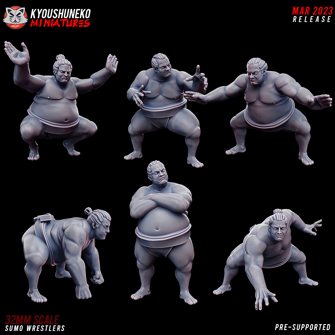Sumo Wrestlers, six unarmed Japanese sumo wrestler sculpts for Nippon fantasy armies, 32mm resin miniatures by Kyoushuneko Miniatures.