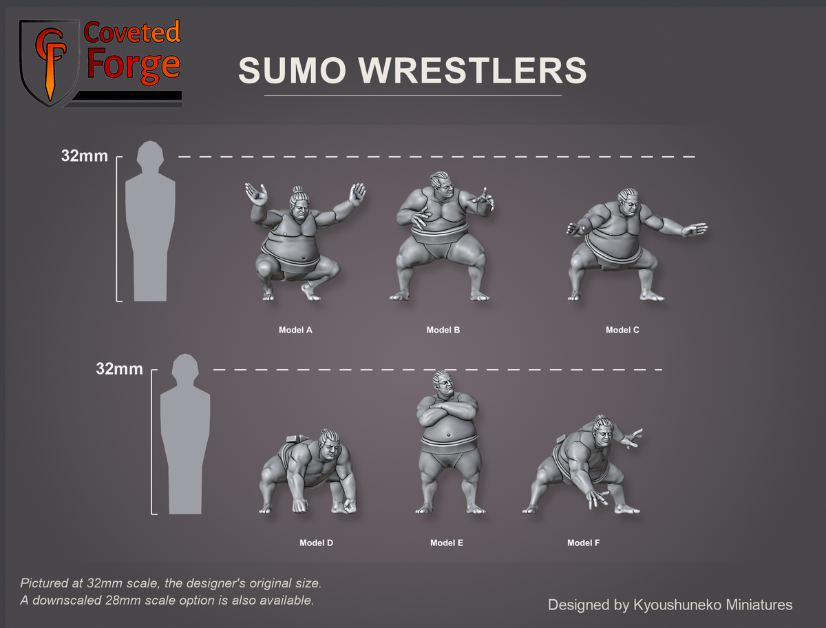 Coveted Forge scale render at 32mm scale (also offered downscaled at 28mm and 15mm, and enlarged as Ogre Scale): Full Set shown with every model, Model A, Model B, Model C, Model D, Model E and Model F, labelled beside a 32mm human silhouette, three-quarter view.