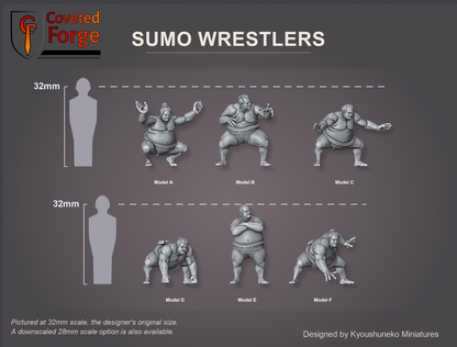 Coveted Forge scale render at 32mm scale (also offered downscaled at 28mm and 15mm, and enlarged as Ogre Scale): Full Set shown with every model, Model A, Model B, Model C, Model D, Model E and Model F, labelled beside a 32mm human silhouette, three-quarter view.