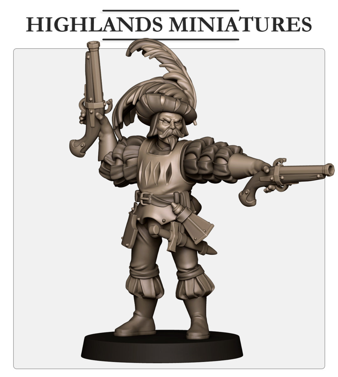 Sunland Duelist, Renaissance pistol duelist with a plumed beret, slashed breastplate, puffed sleeves and a flintlock pistol in each hand, front view, resin miniature by Highlands Miniatures