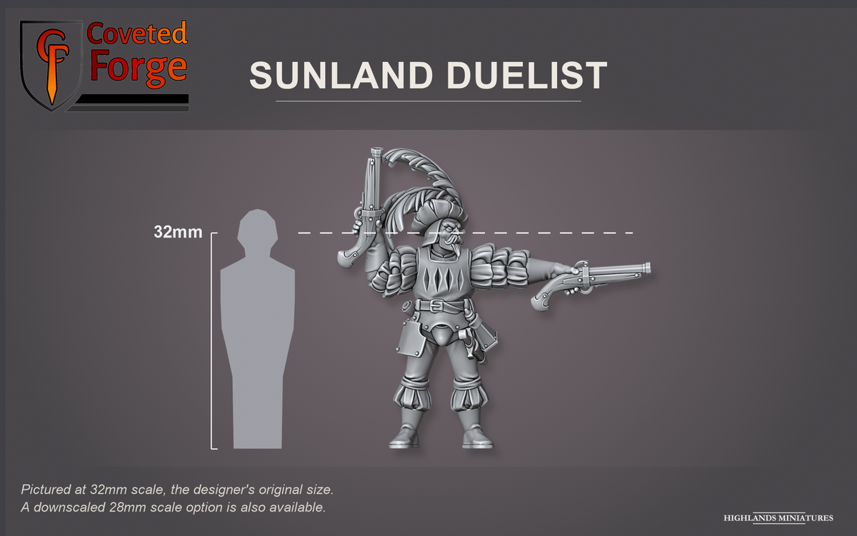 Coveted Forge scale reference: Sunland Duelist, front view, beside a 32mm human silhouette; pictured at 32mm, the original scale, a downscaled 28mm option is also available