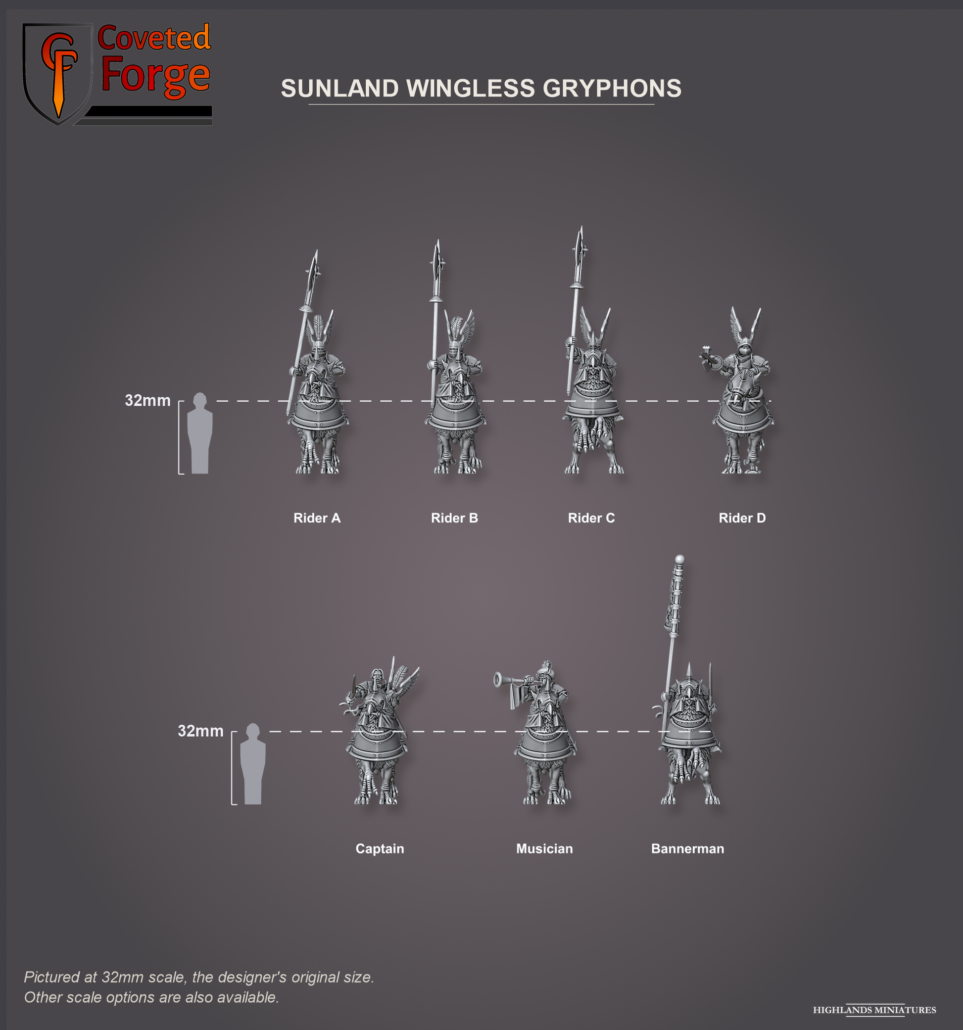 Coveted Forge scale reference: seven mounted Sunland Wingless Gryphons including Captain, Musician and Bannerman, beside a 32mm human silhouette