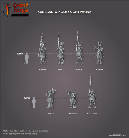 Coveted Forge scale reference: seven mounted Sunland Wingless Gryphons including Captain, Musician and Bannerman, beside a 32mm human silhouette