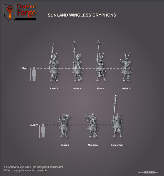 Coveted Forge scale reference: seven mounted Sunland Wingless Gryphons including Captain, Musician and Bannerman, beside a 32mm human silhouette
