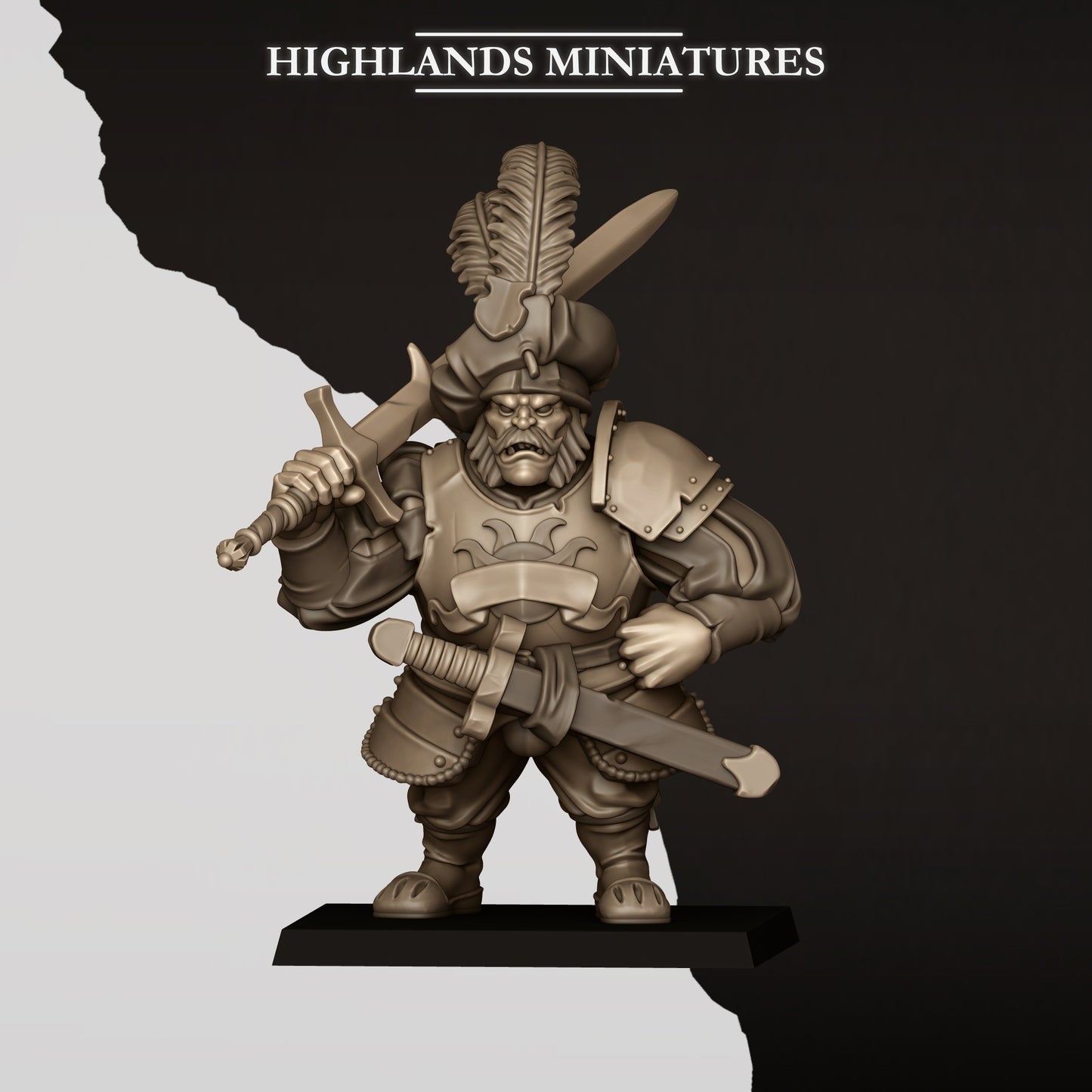 Sunland zweihander ogre pose A, feather-hatted mercenary shouldering a two-handed sword
