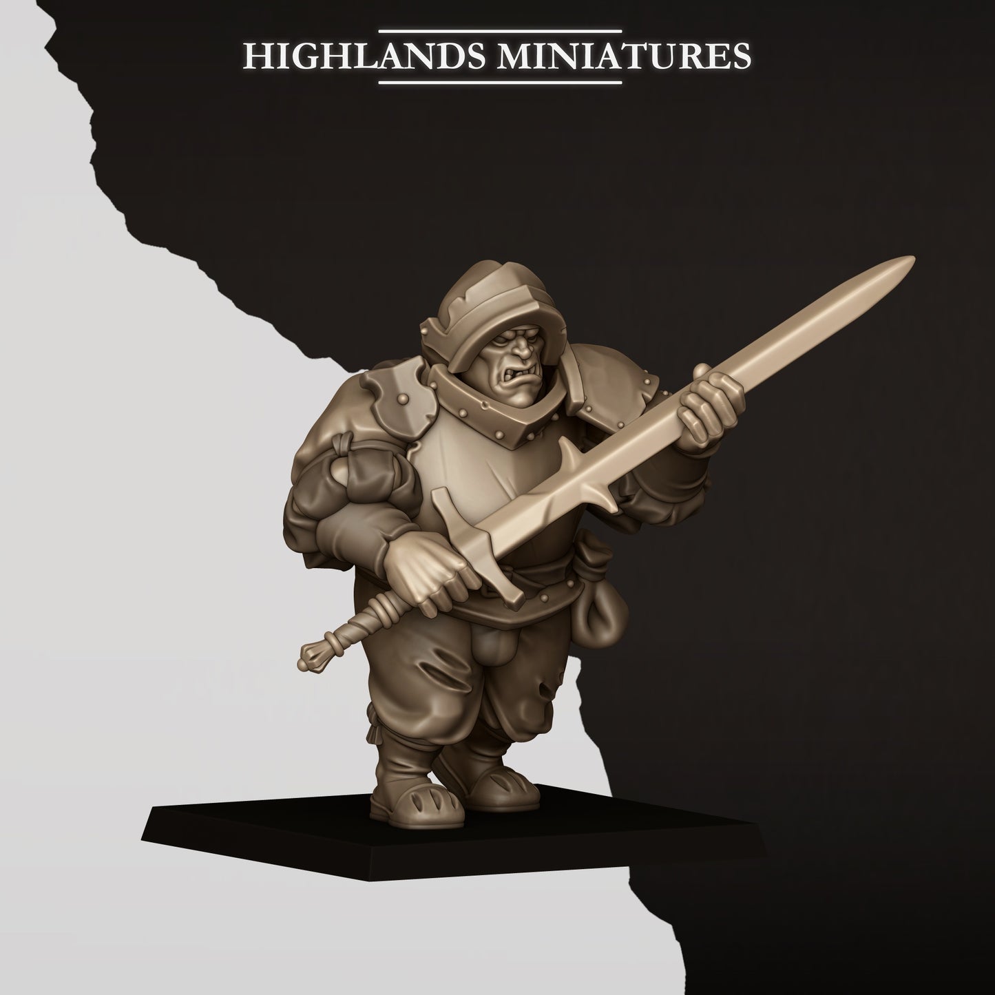 Sunland zweihander ogre pose B, helmeted mercenary leveling a two-handed sword