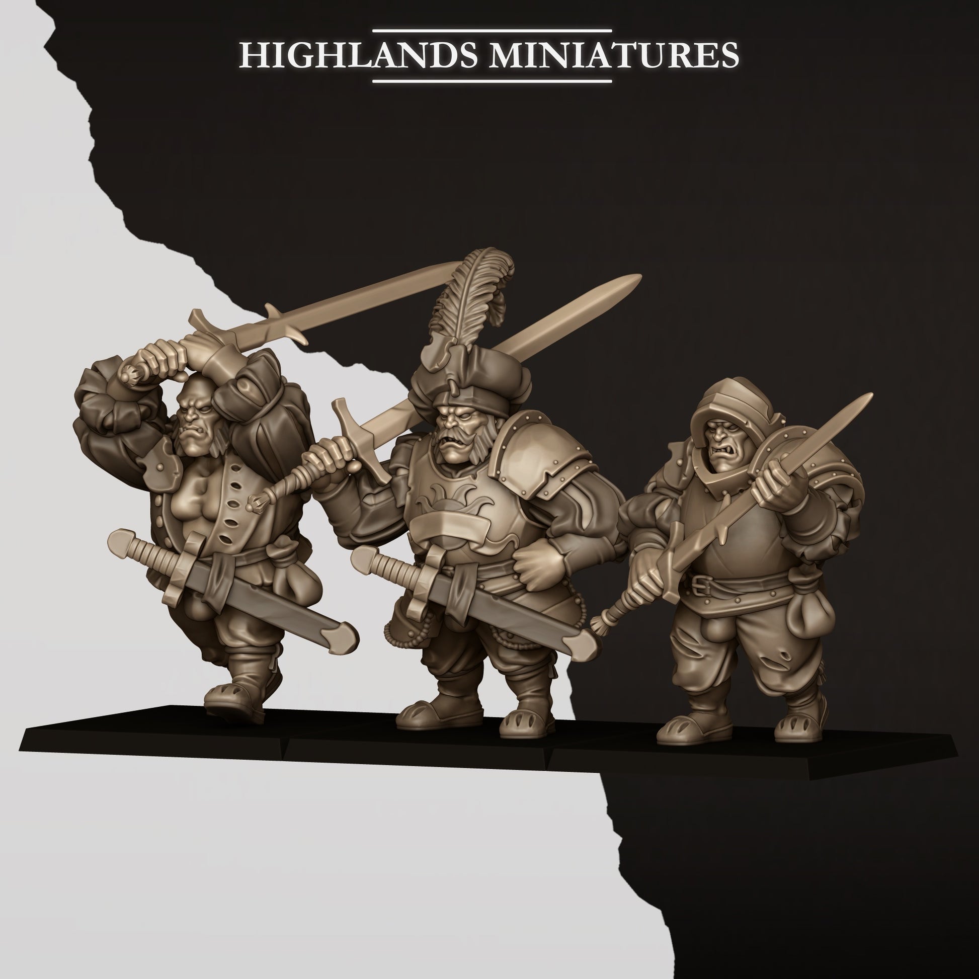 Three Sunland ogre mercenaries with two-handed zweihanders in Renaissance dress, by Highlands Miniatures