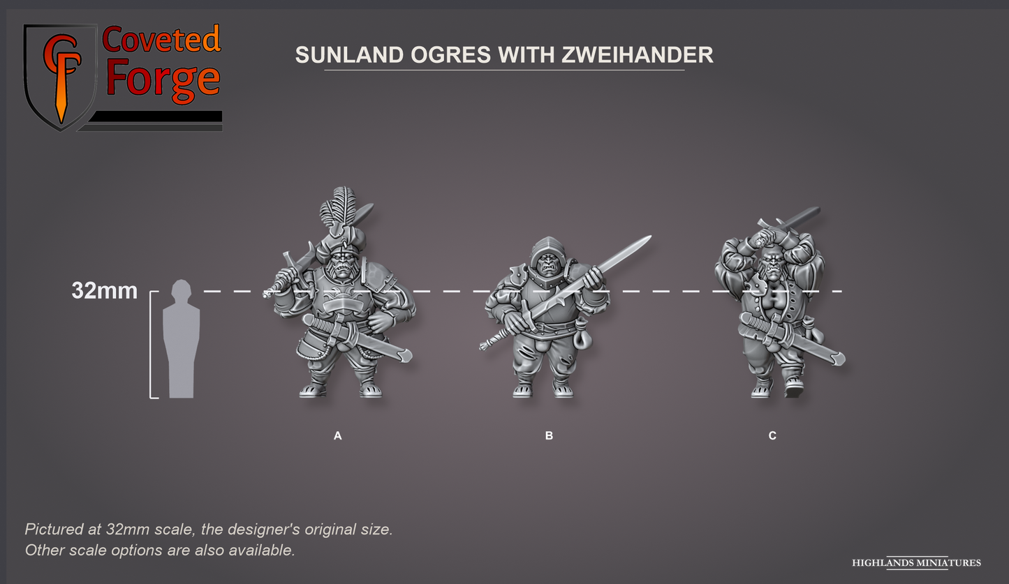 Coveted Forge scale reference: Sunland Ogres with Zweihander beside a 32mm human silhouette