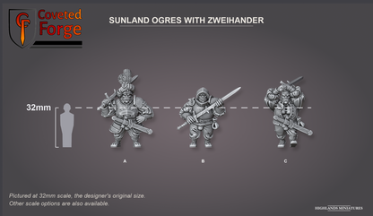 Coveted Forge scale reference: Sunland Ogres with Zweihander beside a 32mm human silhouette