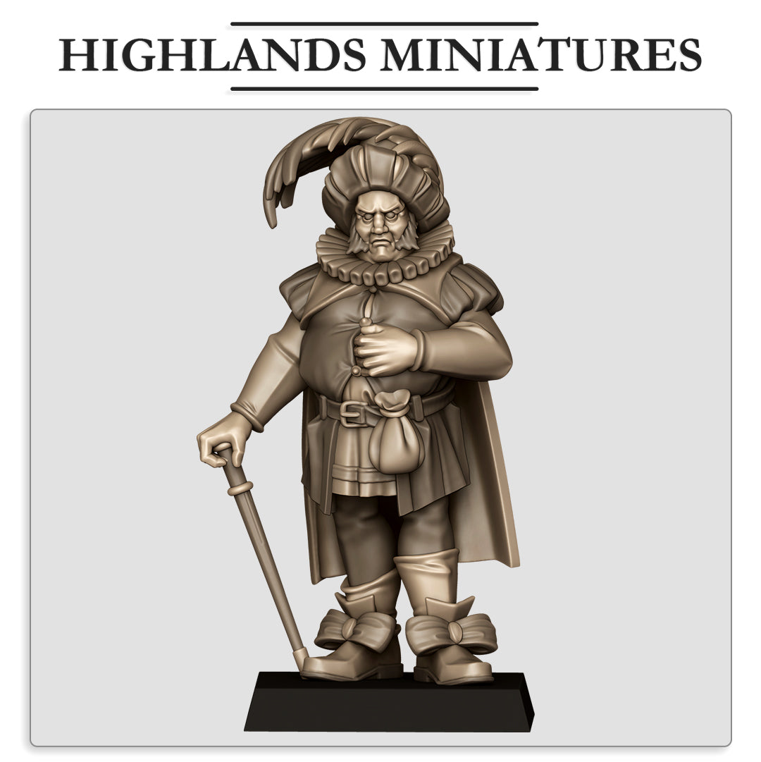 Sunland Paymaster, stout Renaissance paymaster with a plumed beret, ruff collar, cane and coin purse, front view, resin miniature by Highlands Miniatures