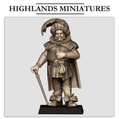 Sunland Paymaster, stout Renaissance paymaster with a plumed beret, ruff collar, cane and coin purse, front view, resin miniature by Highlands Miniatures