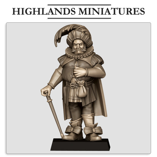 Sunland Paymaster, stout Renaissance paymaster with a plumed beret, ruff collar, cane and coin purse, front view, resin miniature by Highlands Miniatures