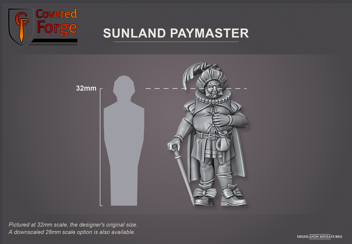 Coveted Forge scale reference: Sunland Paymaster, front view, beside a 32mm human silhouette; pictured at 32mm, the original scale, a downscaled 28mm option is also available