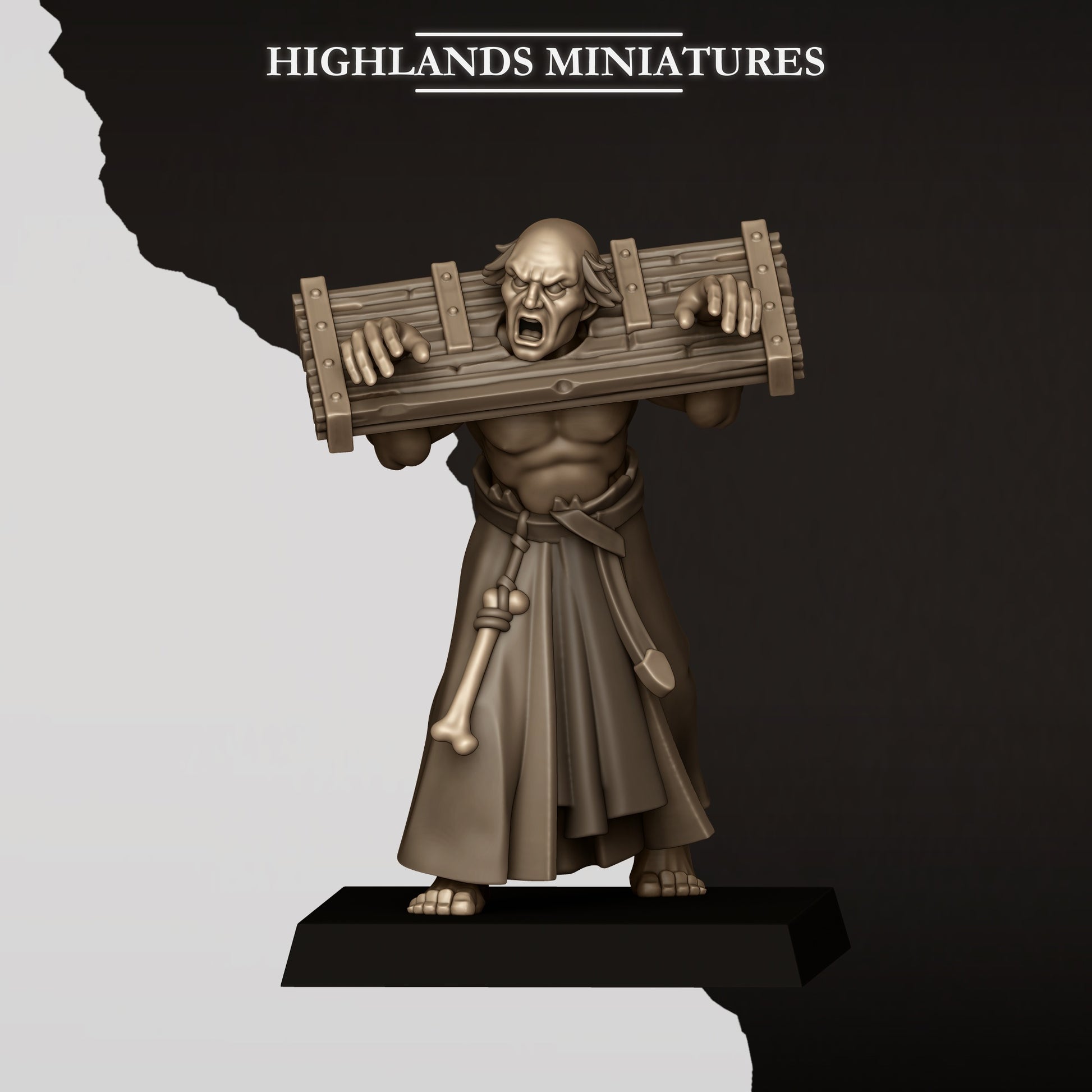 Sunland fanatical zealot pose G, penitent carrying a wooden pillory across the shoulders