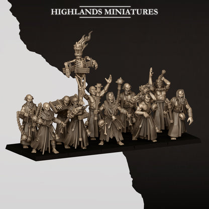 Sunland fanatical zealot flagellants advancing as a unit, bare-chested penitents with bells, by Highlands Miniatures
