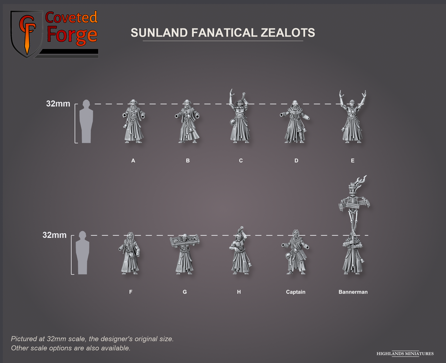Coveted Forge scale reference: the ten Sunland Fanatical Zealots including Captain and Bannerman, beside a 32mm human silhouette