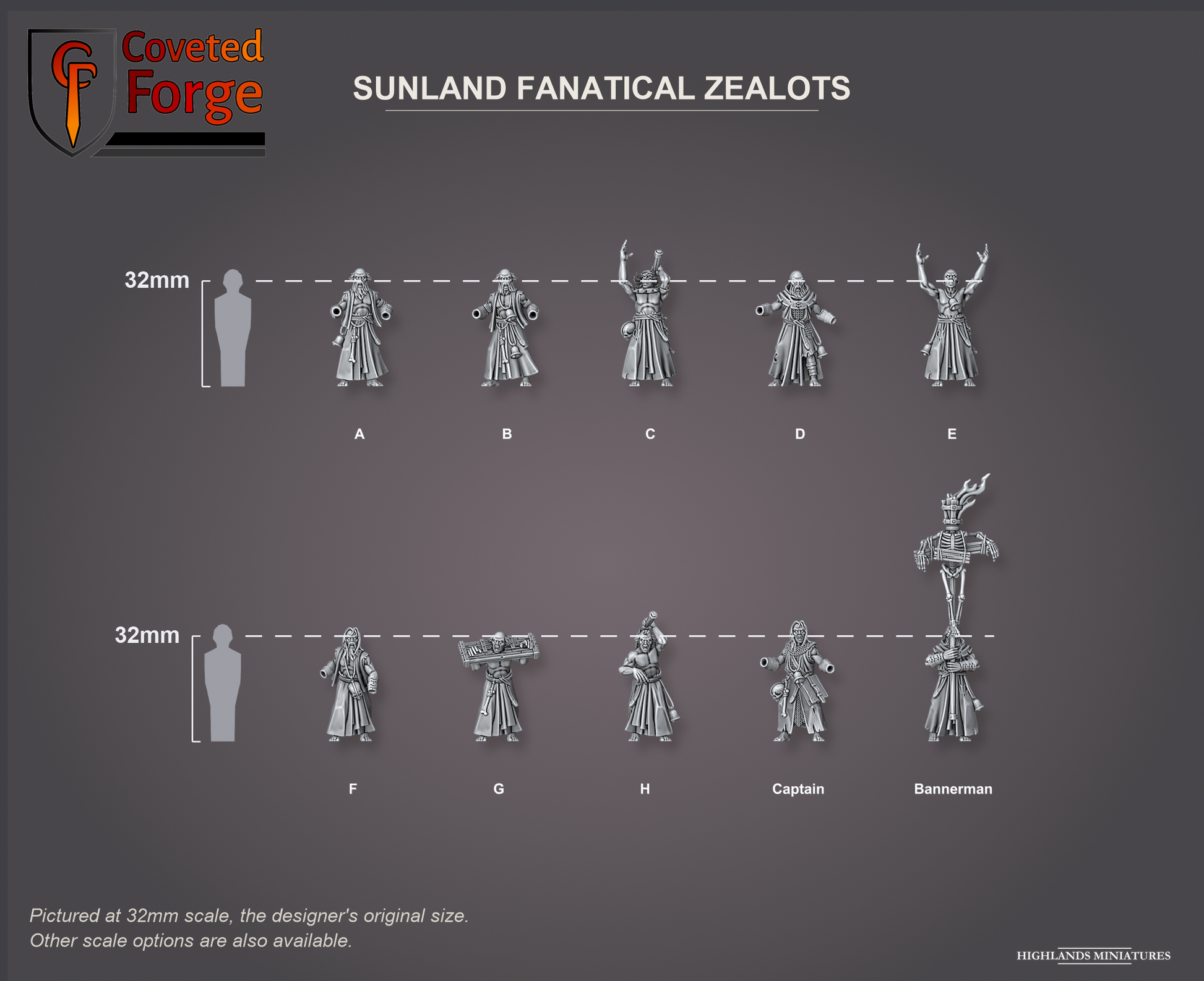 Coveted Forge scale reference: the ten Sunland Fanatical Zealots including Captain and Bannerman, beside a 32mm human silhouette