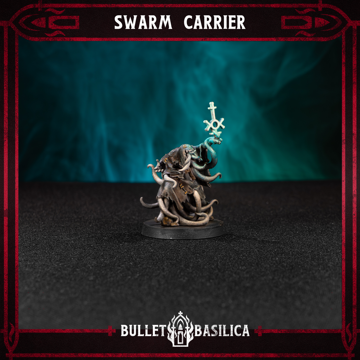 Painted Swarm Carrier from a three-quarter angle - tentacled eldritch alien cult-beast with ritual standard. 32mm-scale 3D-printed resin proxy monster for grimdark sci-fi wargaming by Bullet Basilica (shown painted; ships unpainted).
